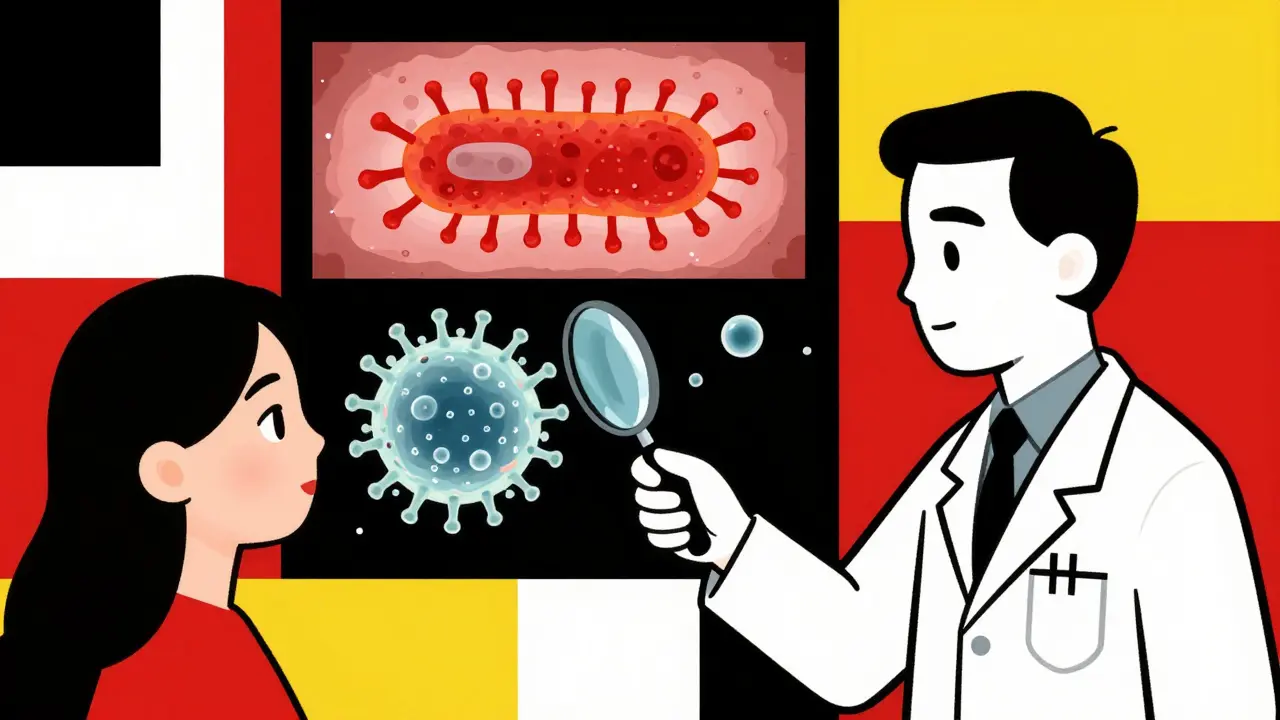 Doctor examining throat with stylized bacterial and viral pathogens shown side by side in primary colors and clean lines.