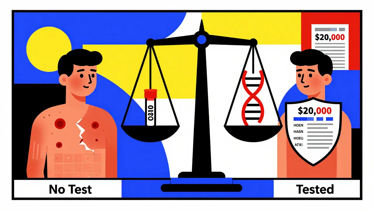 Split scene comparing untested patient with severe side effects versus tested patient with protective DNA shield and monitoring chart.