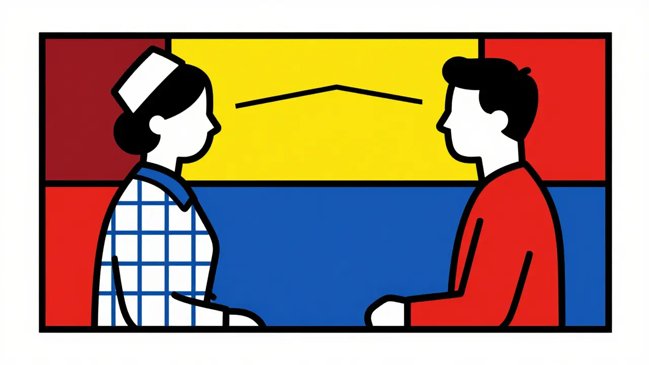 Two figures communicating health information via geometric shapes