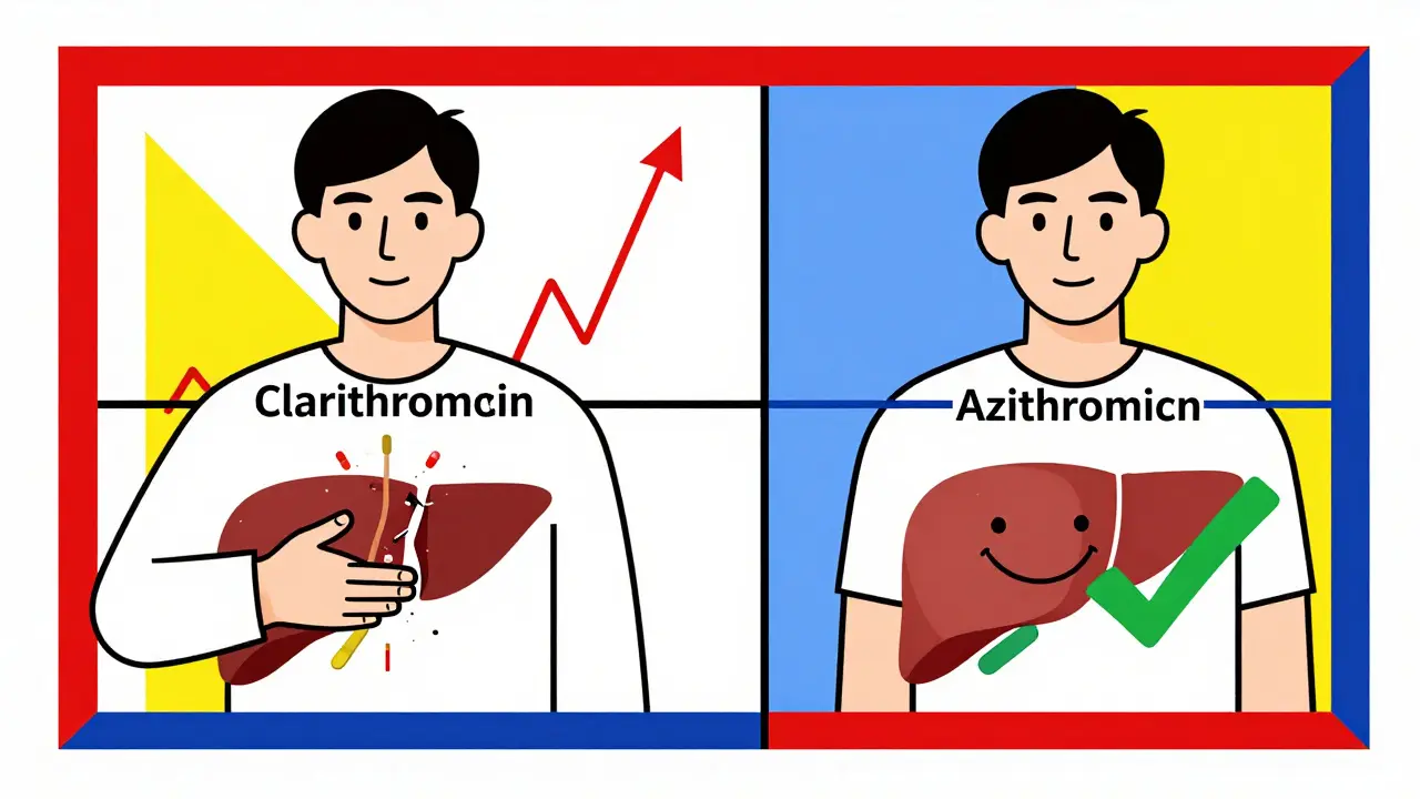 Two side-by-side scenes: one showing dangerous drug interaction, the other safe replacement with azithromycin.