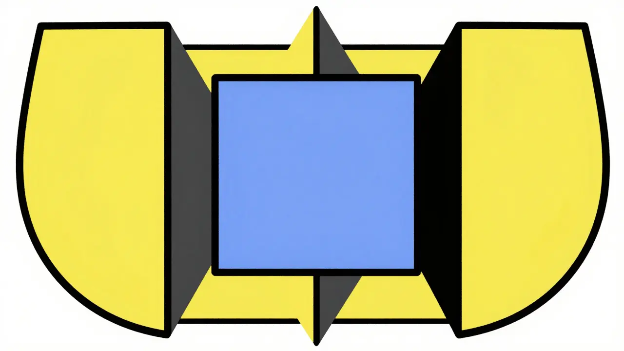 Yellow and gray geometric shield protecting a central block representing medical safety solutions.