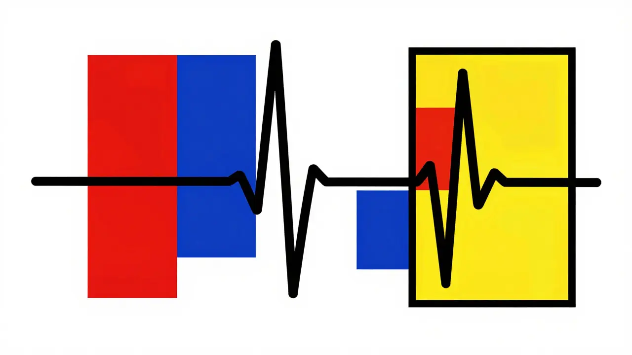 Balanced geometric composition in primary colors symbolizing heart health and stability.