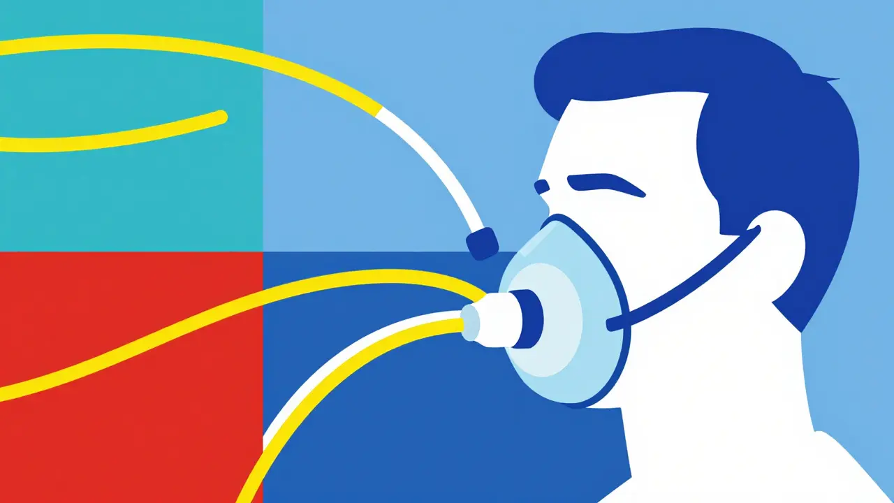 De Stijl art depicting a person using a non-rebreather mask for high-flow oxygen therapy.