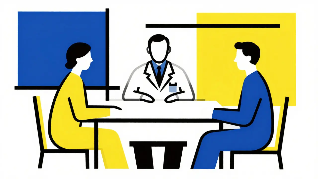 De Stijl style abstract representation of a patient and doctor discussing medication options.