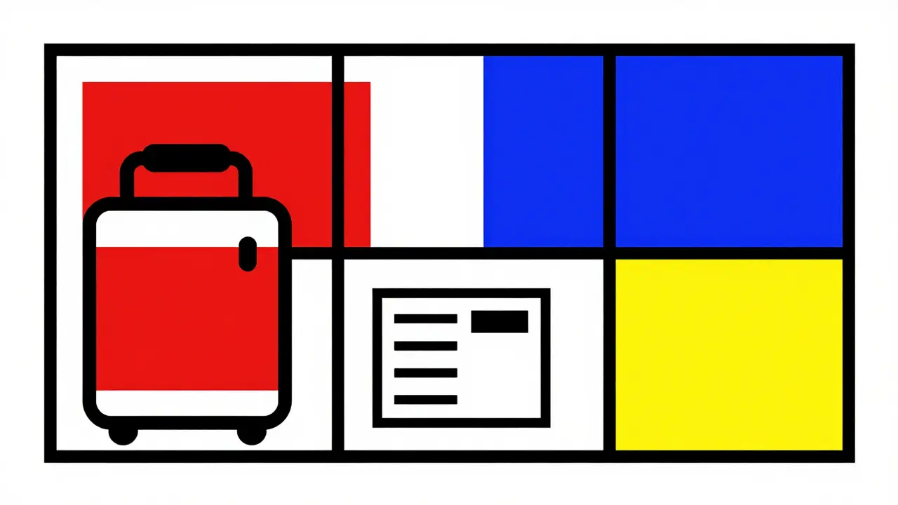 Geometric composition showing a medical oxygen concentrator and a prescription document.