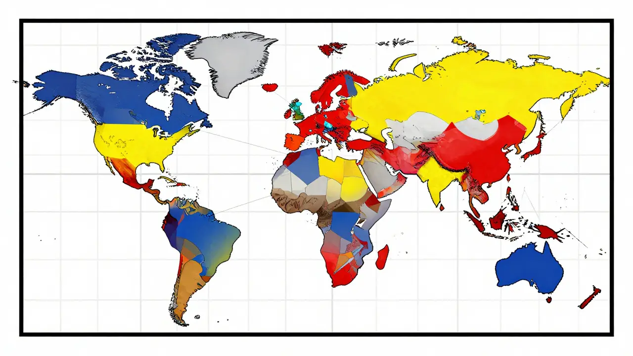 Geometric De Stijl map showing medication moving across a global network of rectangles.