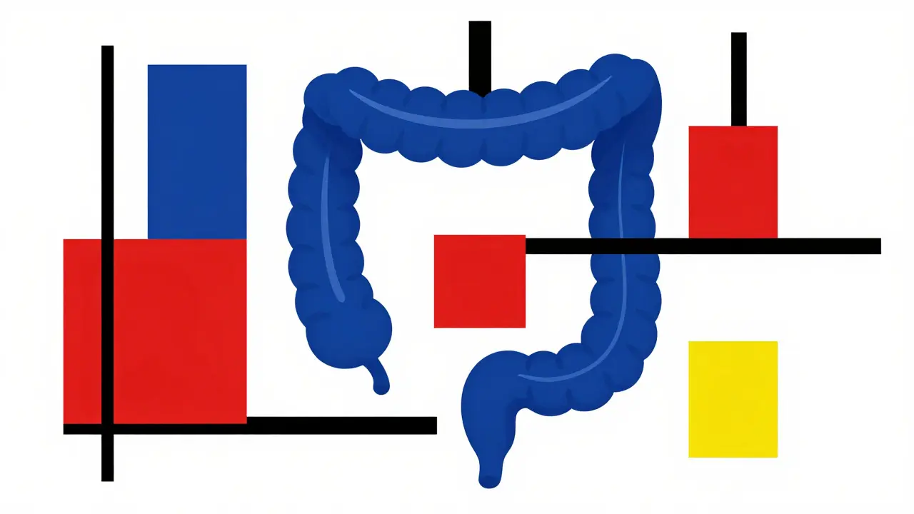 Geometric representation of medicine interacting with the gut in De Stijl style