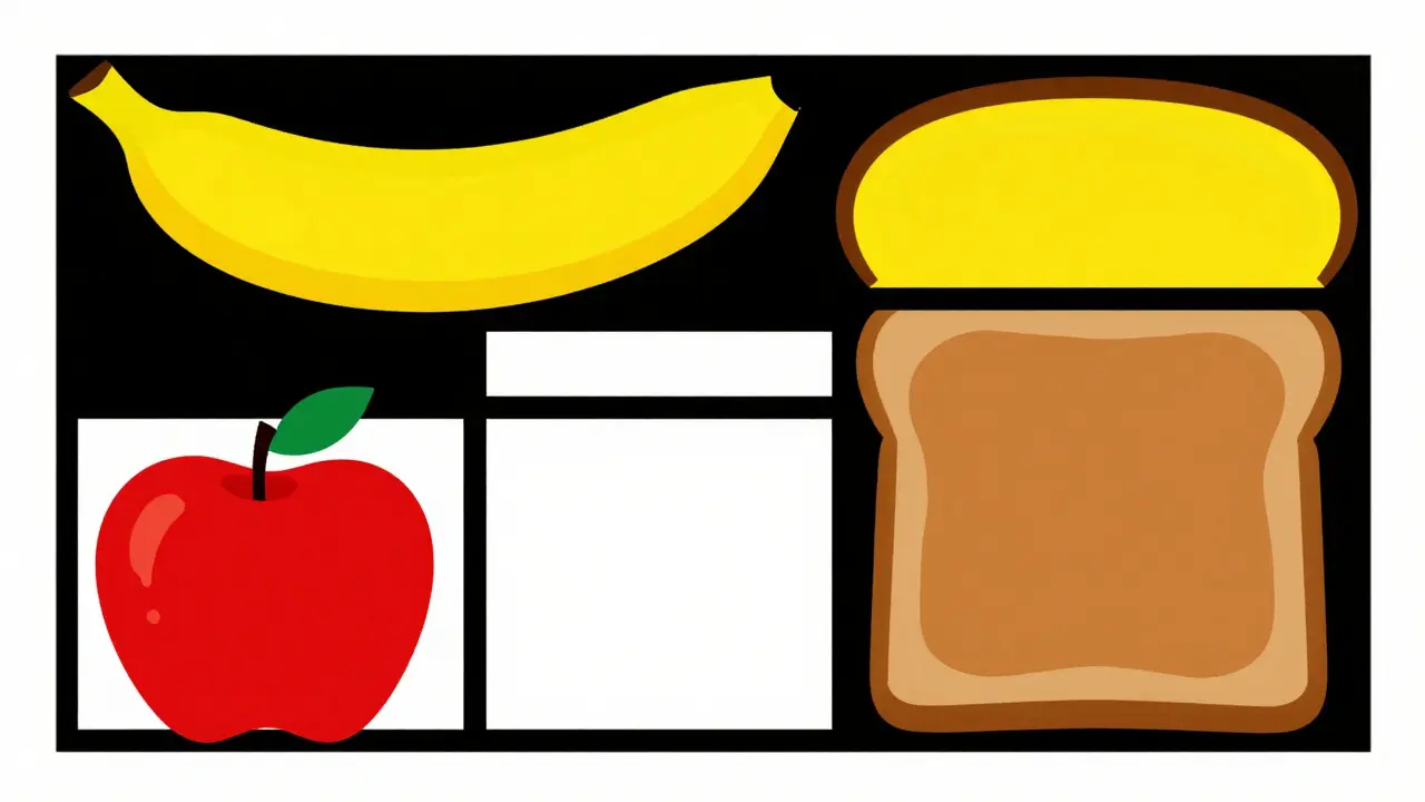 Minimalist De Stijl composition representing BRAT diet foods