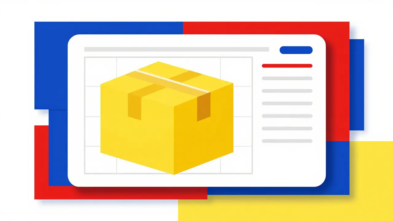 Minimalist De Stijl illustration of a pharmacy delivery package within a colorful geometric grid.