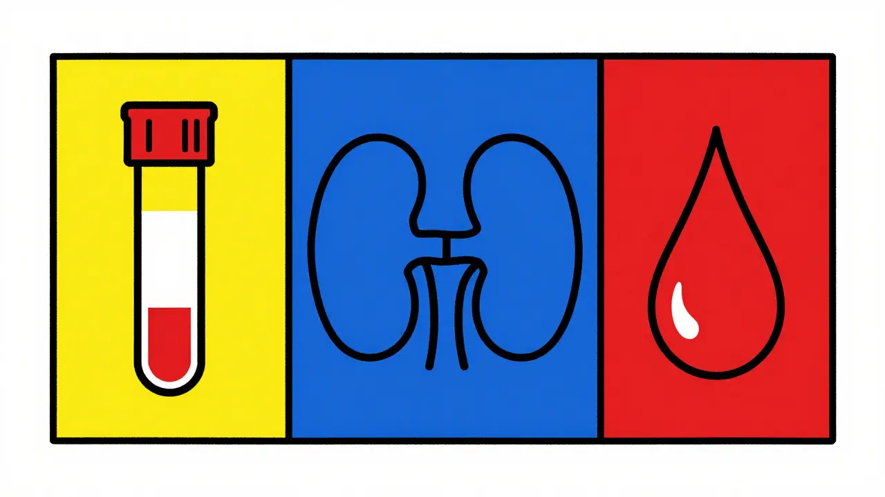 Minimalist De Stijl illustration of medical lab tests and kidney monitoring icons.
